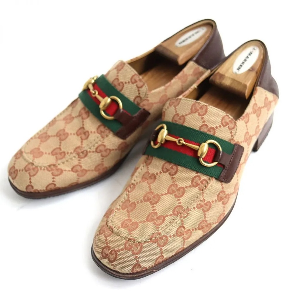 Gucci Brown and Green Loafers with Iconic Design….Preowned